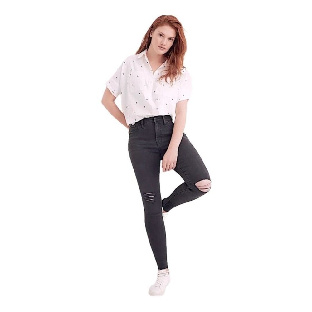 Madewell 9” Mid-Rise Skinny Jeans Women Grey Wash Sz 25 x29 Ripped Raw Hem Denim